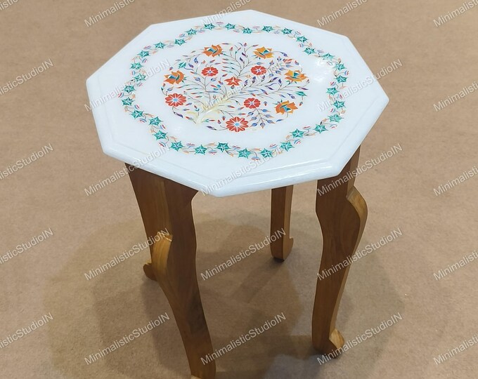 Octagon Marble Inlay Tree of Life Plate 12” | Pietra Dura Floral Tree Art Charger for Luxury Decor