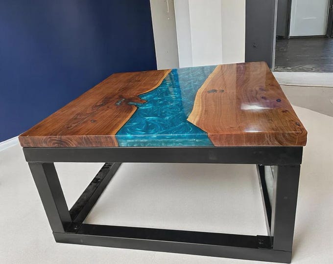 Live Edge Acacia Wood Teal Turquoise Epoxy Table Top | Square Handmade | Coffee Table | (Customisable)