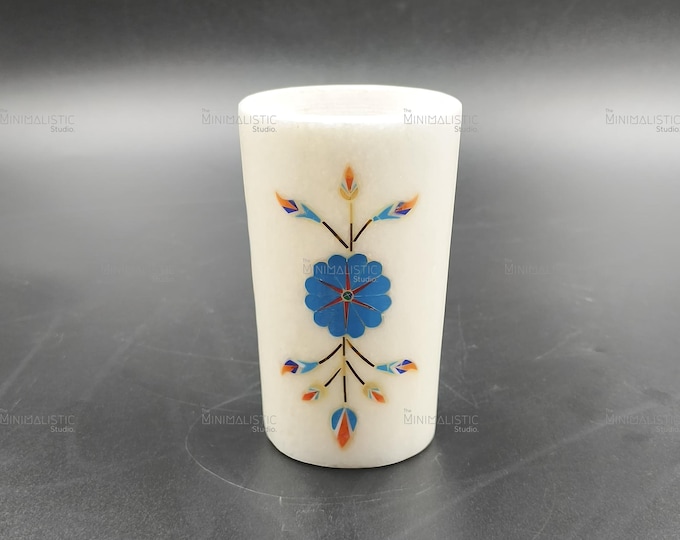 Handmade Marble Pen Holder – Floral Inlay, Mughal Art Desk Organizer