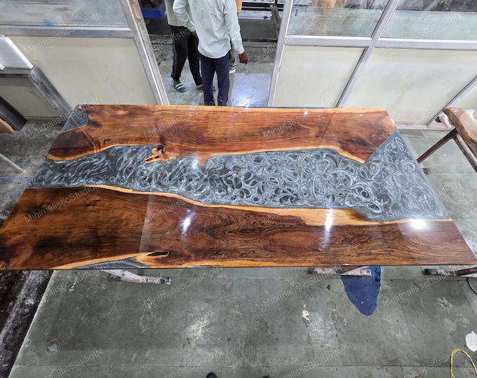 Handmade Acacia Wood River Table Top | Silver Grey Epoxy Resin