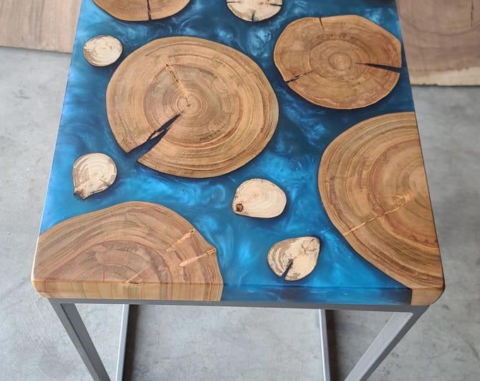 Blue Epoxy Acacia Wood Table Top | Tree Ring Square Coffee Table