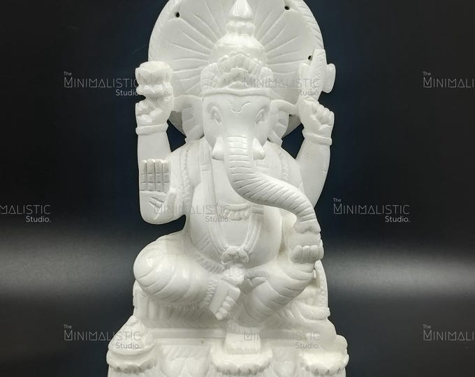 Handcrafted White Marble Lord Ganesha Idol | Seated Ganpati Statue | Hindu Puja Decor & Auspicious Gift