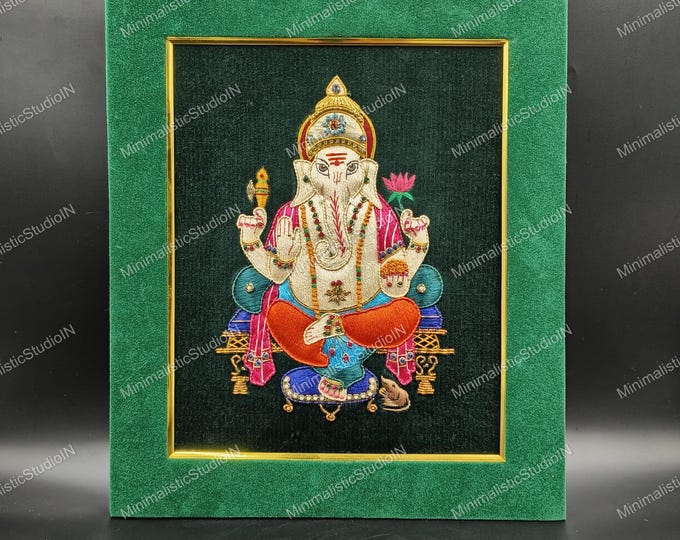 Ganesha Zardozi Embroidery Art | Green Velvet Hindu Decor