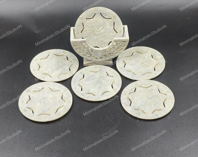 Beige Marble Star Floral Inlay Coaster Set 3.5” | Set of 6 with Holder for Luxury Tabletop Decor