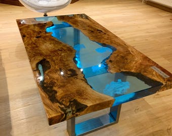 Blue Epoxy Acacia Wood River Table Top | Rectangular | Dining Coffee Table | (Customisable)