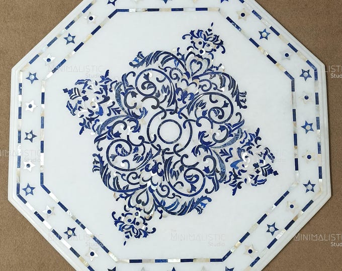 Handcrafted Marble Inlay Table Top | Blue Floral Octagon, 24"x24"