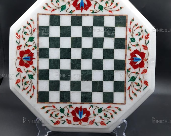 Handmade Marble Inlay Chess Board | Octagonal Floral Pietra Dura Art