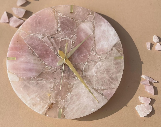 Handmade Rose Quartz Wall Clock | Modern Gold Accent Decor
