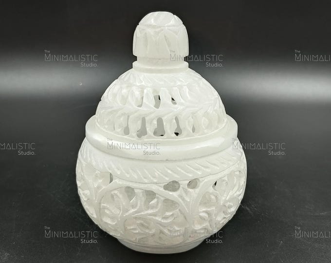 Handcrafted White Marble Jali Trinket Box | Carved Jewelry Holder