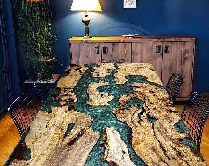 Handmade Green Epoxy River Acacia Wood Table Top | Live Edge