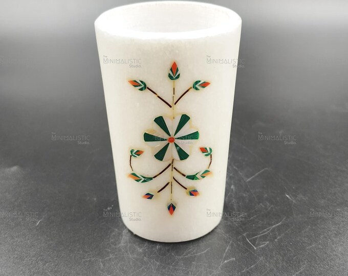 Handmade Makrana Marble Pen Holder – Floral Inlay Desk Organizer
