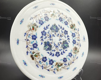 Handmade Floral Marble Inlay Plate – Pietra Dura Wall Art, 12 Inch