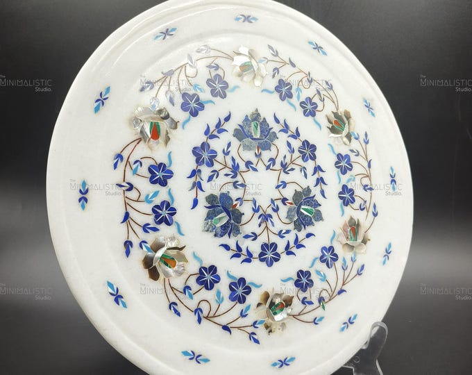 Handmade Floral Marble Inlay Plate – Pietra Dura Wall Art, 12 Inch
