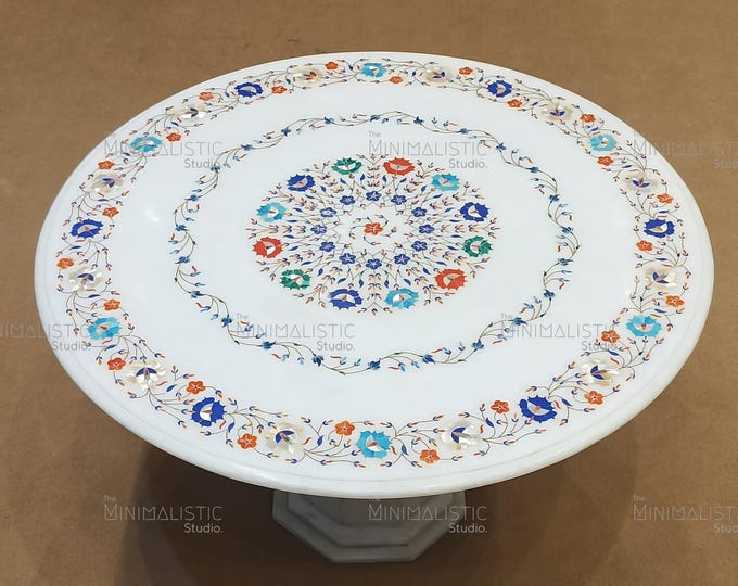 Floral Marble Inlay Table Top | Pietra Dura Art, 30x30"