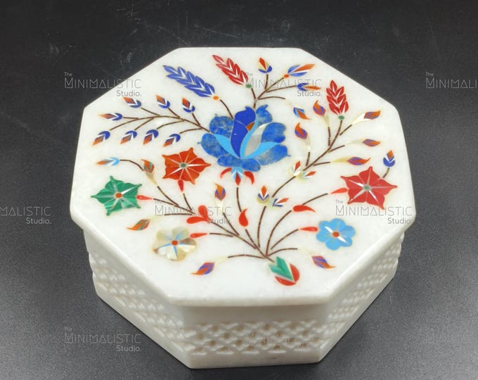 Handmade Marble Inlay Trinket Box | Octagon Mughal Floral Jewelry Box