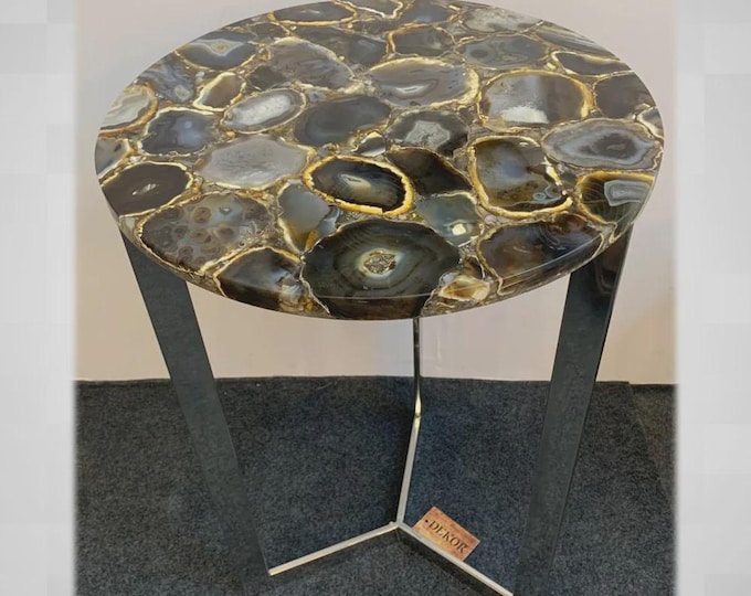 Round Dark Multi-Colour Agate Table Top | Luxury Gemstone Smoky Crystal Dining Coffee Table | (Customisable)