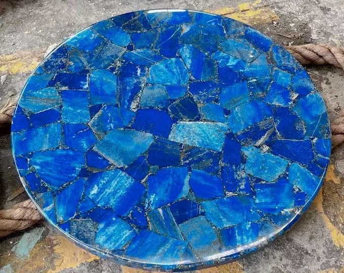 Handmade Lapis Lazuli Mosaic Table Top | Round Blue Gemstone Inlay