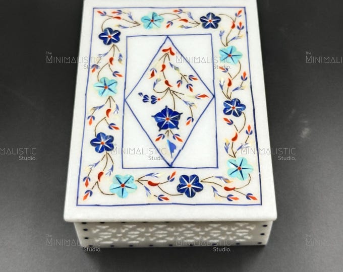 Handmade White Marble Inlay Jewelry Box – Floral Pietra Dura, 7x5 Inches