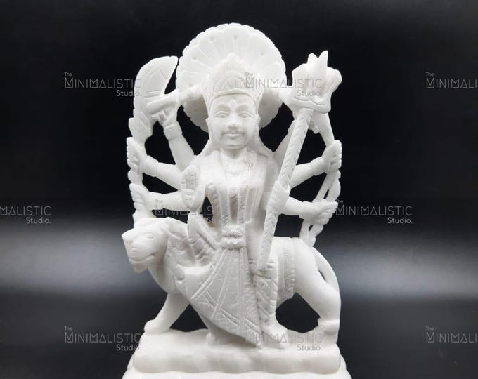 Handmade White Marble Durga Idol | Hindu Goddess Statue, 9.5 Inches