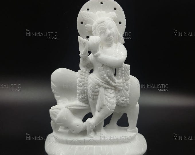 Handcrafted White Marble Krishna Statue with Cow | Hindu Idol