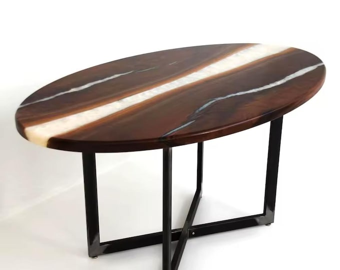 Oval Acacia Wood Table Top | White Epoxy Resin River, Customizable