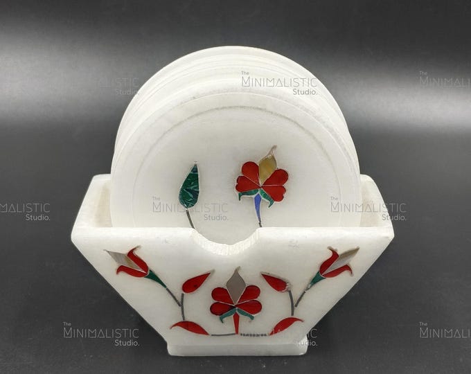 Handcrafted White Marble Coaster Set | Floral Inlay, Pietra Dura Art