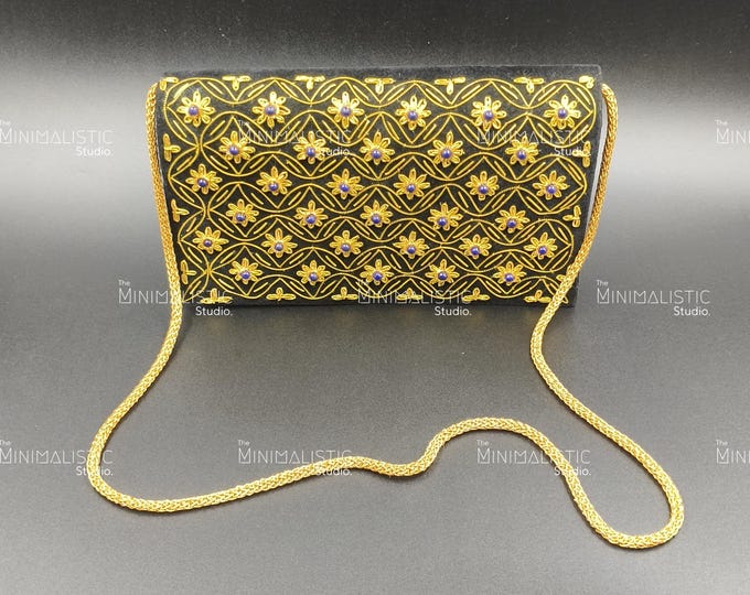 Black Velvet Zardozi Clutch | Gold Floral Embroidery, Gemstones