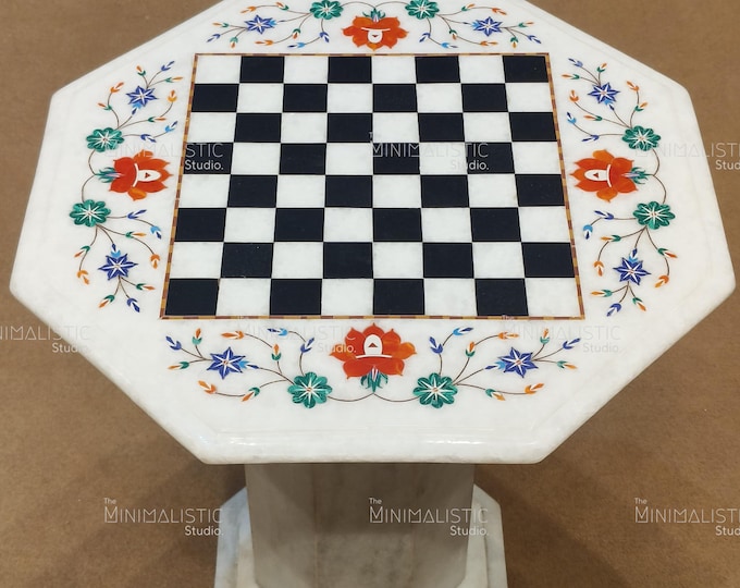 Handmade White Marble Chess Table Top | Pietra Dura Floral Inlay
