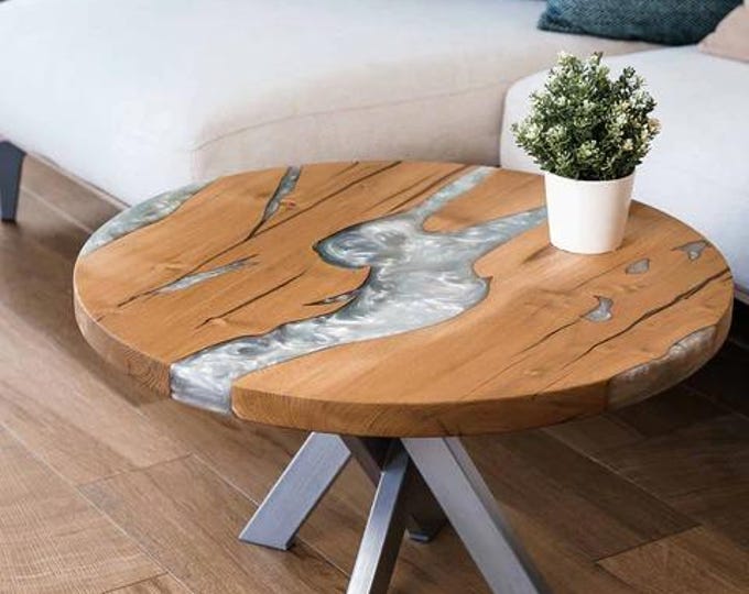 Acacia Wood River Table Top | Grey Epoxy Resin, Customizable