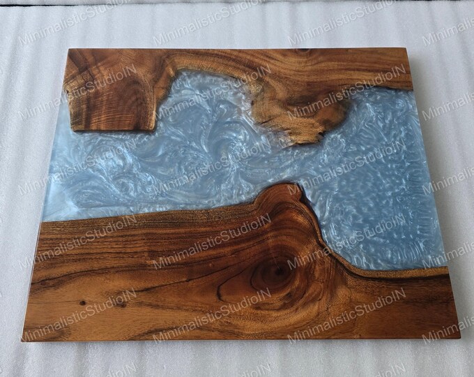 Handmade Acacia Wood River Table Top | Modern Grey Epoxy Resin