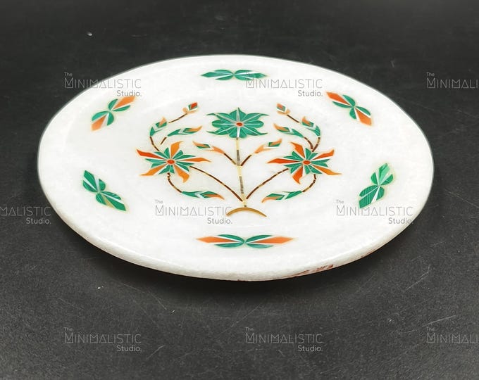 Floral Pietra Dura Marble Plate – Handmade Mughal Wall Art