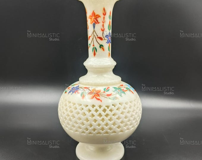 Handcrafted Marble Floral Inlay Vase | Indian Pietra Dura Decor