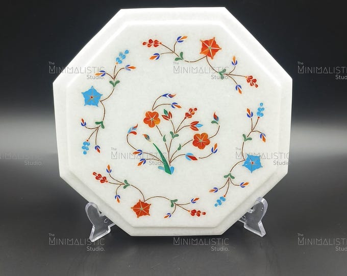 Handmade Marble Inlay Floral Plate | Gemstone Octagon Decor