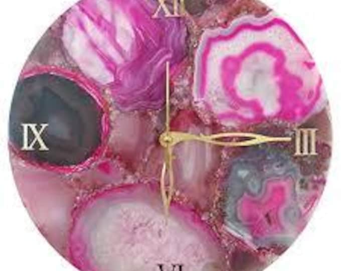 Handmade Pink Agate Gemstone Wall Clock, Roman Numerals, Crystal Decor