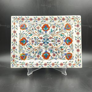 Handmade Marble Inlay Tray – Floral Pietra Dura Plate for Wall or Table Decor – White Marble with Stone Art