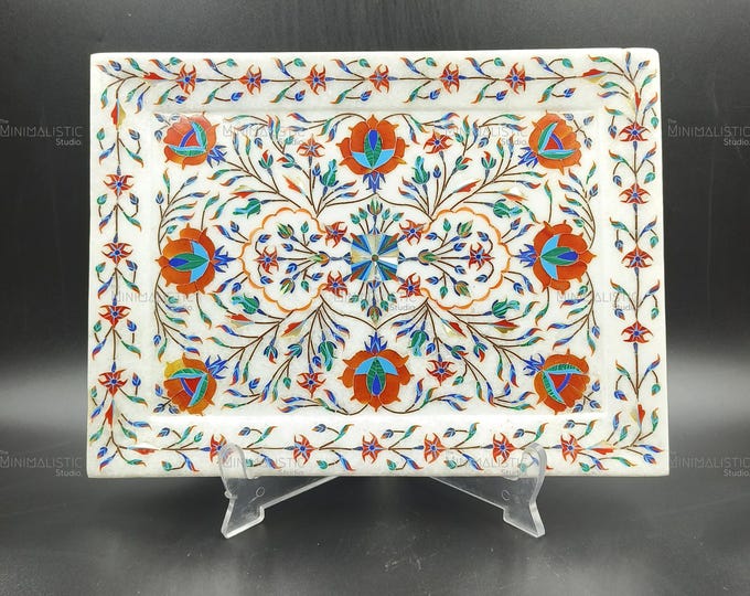 Handmade Marble Inlay Tray – Floral Pietra Dura Plate, Mughal Art