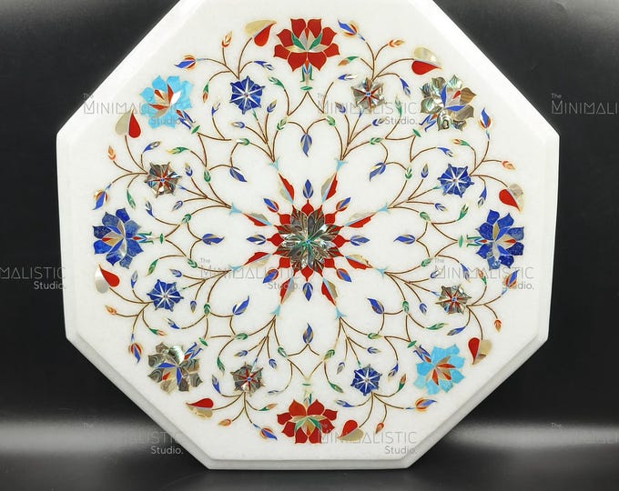 Handmade Octagonal Marble Table Top | Floral Pietra Dura Inlay (14x14 Inches)