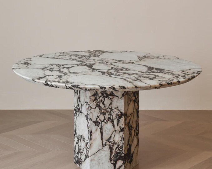 Calacatta Viola Marble Round Coffee Table | Octagonal Pedestal | Luxury Handmade | (Customisable)