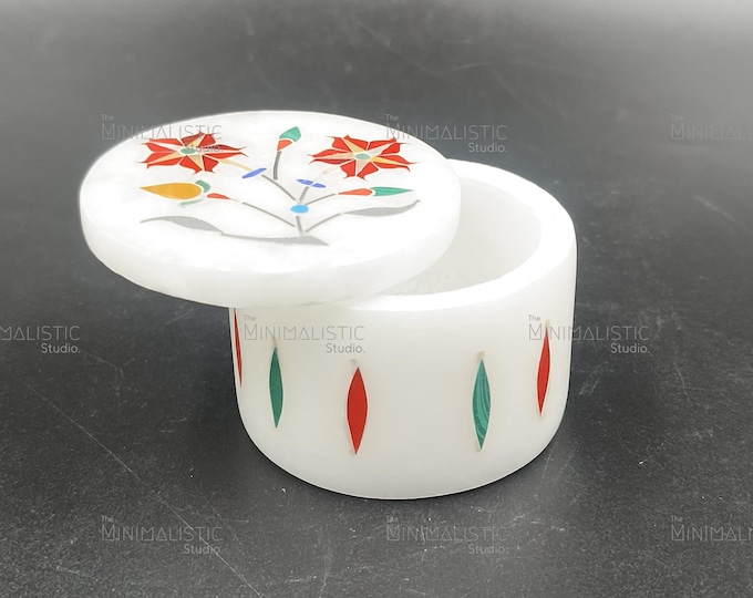 Handcrafted Marble Trinket Box | Floral Pietra Dura Inlay, Indian Artisan Gift