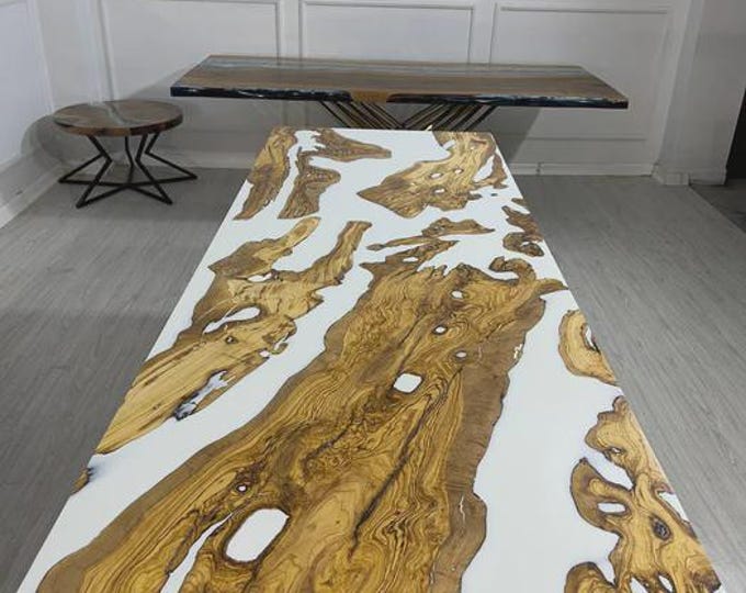 White Epoxy River Acacia Table Top | Rectangular Live Edge (Customizable)
