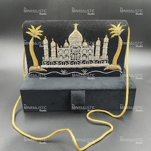 Zardozi Gemstone Clutch 10&quot;x6&quot; | Silver Floral Hand Embroidery | Real Stone Purse | Velvet Gift Box | Custom Bridal Bag
