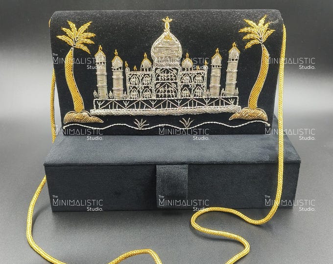 Zardozi Gemstone Velvet Clutch | Silver Floral Embroidery, Bridal Bag