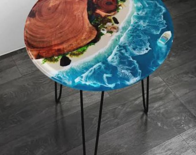Handmade Acacia Wood Ocean Epoxy Table Top | Coastal Decor
