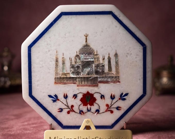 Octagon Marble Decorative Plate | Makrana Marble Taj Mahal Inlay Art | 7 Inch