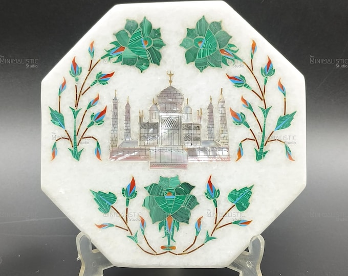 Taj Mahal Marble Inlay Plate | Octagonal White Marble Home Decor | Handmade Indian Craft