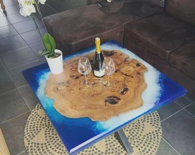 Square Blue Epoxy River Table Top | Handmade Live Edge Acacia Wood | Coffee Table | (Customisable)