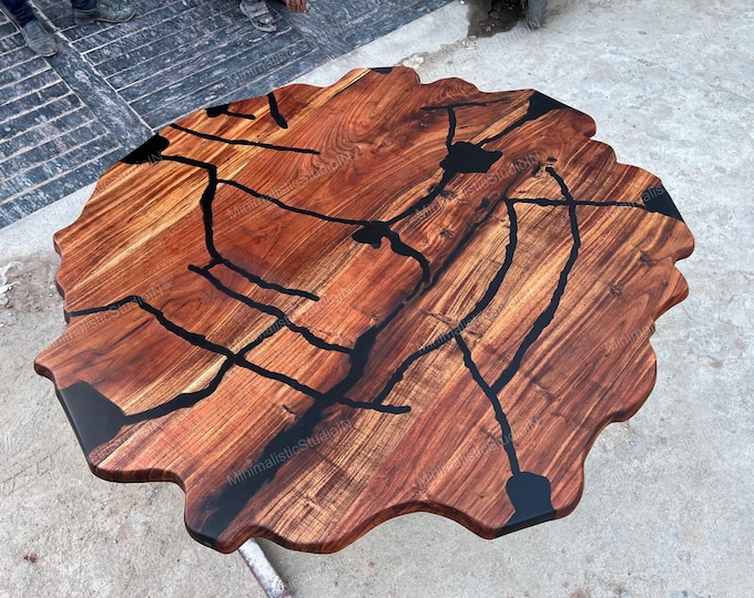Acacia Wood Live Edge Table Top | Black Epoxy Resin Art