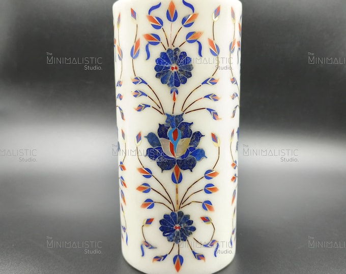 Floral Inlay White Marble Pen Holder – Handmade Mughal Art Desk Organizer