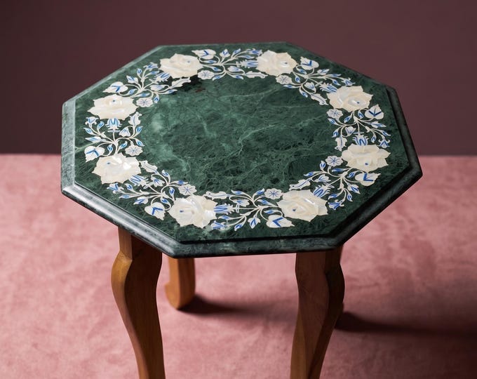 Octagon Marble Table Top | Green Marble Gemstone Inlay 14 Inch |