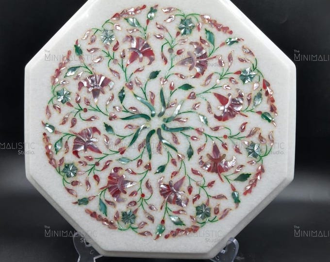 Gemstone Inlay Marble Plate | Octagonal Indian Home Decor